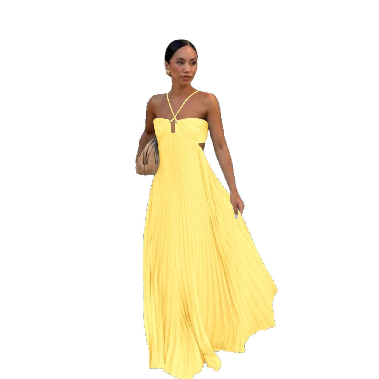 Elegant Pleated Maxi Dress with Strappy Tube Top – Flowy & Feminine Silhouette