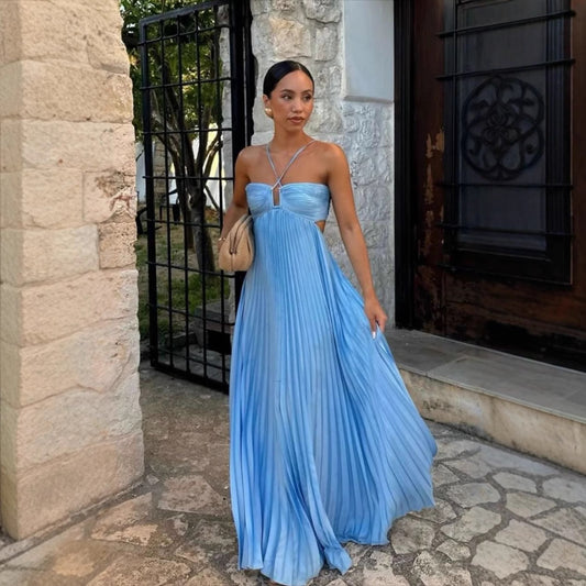 Elegant Pleated Maxi Dress with Strappy Tube Top – Flowy & Feminine Silhouette